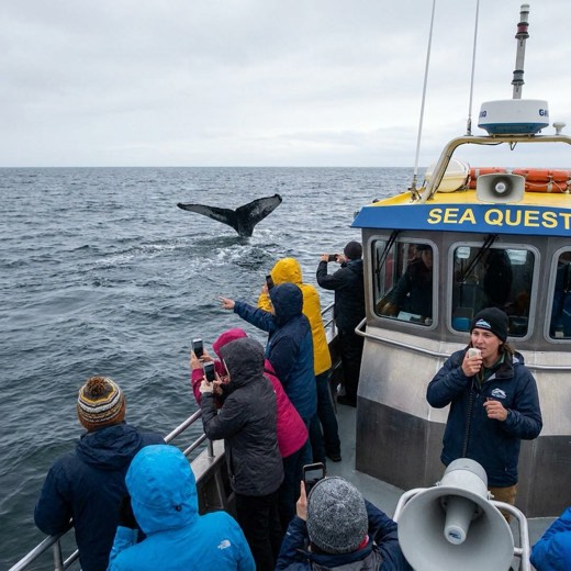 Skipper on the mic as guests photograph a whale